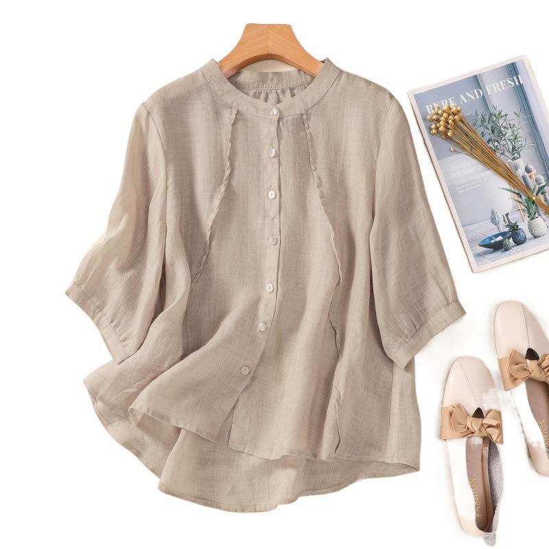 

Летняя хлопковая льняная блузка в стиле ретро с воротником-стойкой и короткими рукавами для женщин M хаки