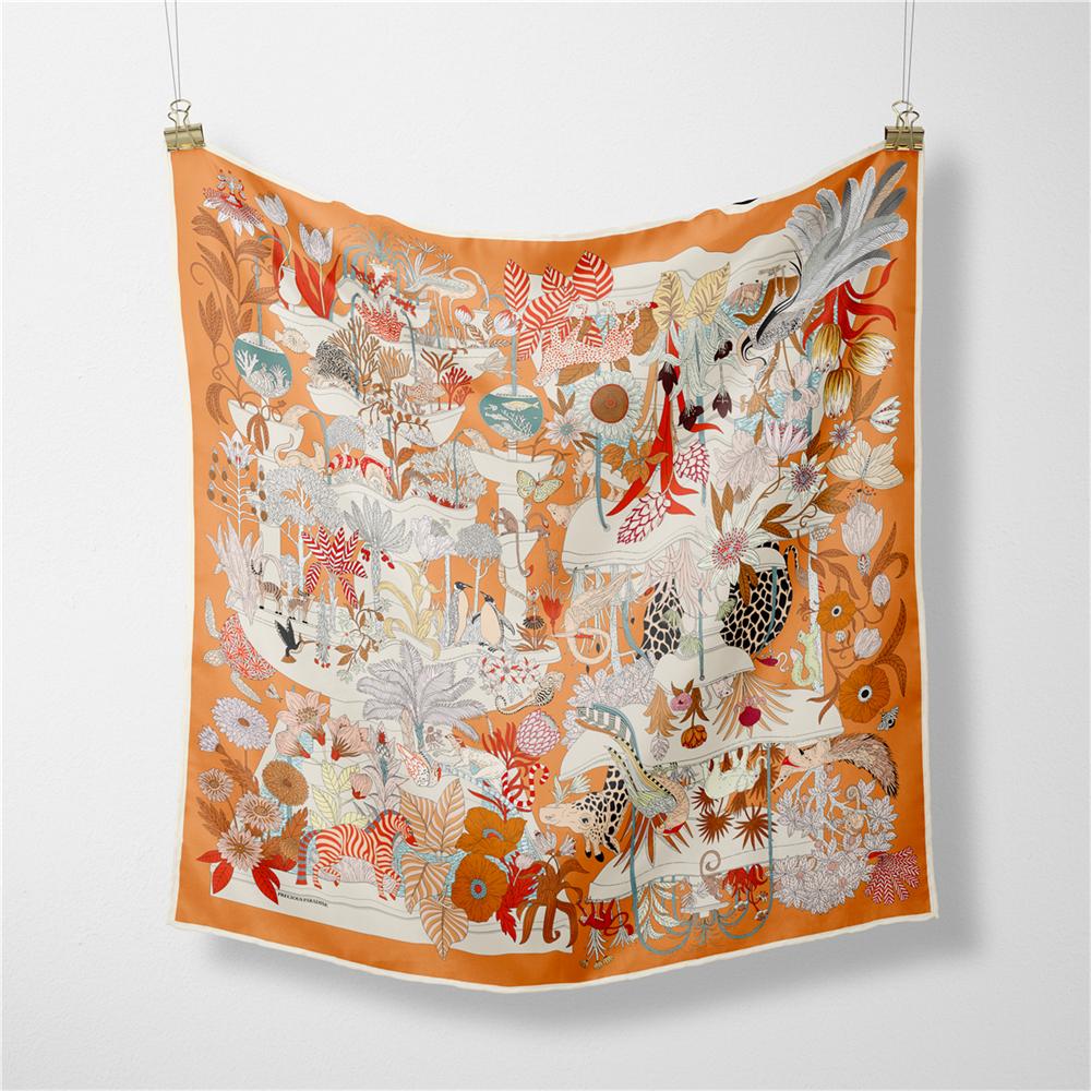 Twill Silk Scarf Woman Horse Floral Print Square Scarves Wraps Bandana Small Hijabs Foulards Lady Tie Headband Neckerchief 53CM