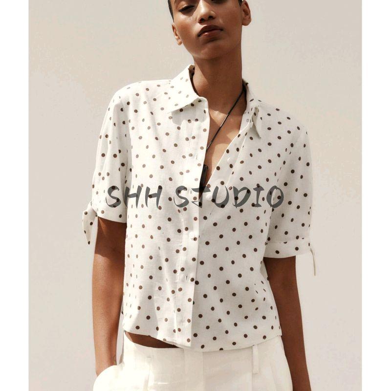 Summer New Product Women's Clothes Casual Style Lapel Ramie Blended Short Sleeve Bows Shirt Tops 8206730
