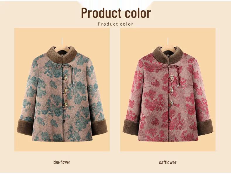Warm Fleece-Lined Cotton Jacket for 70-Year-Old Women Grandma Tang Style