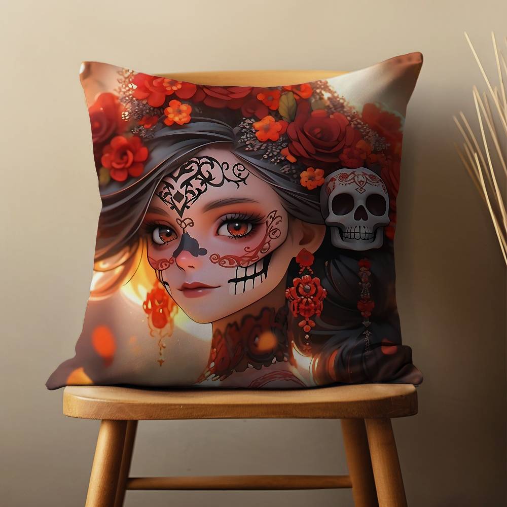 Mexican Skull Girl Catrinas Pillow Case For Room Sofa Cushion Cover Suitable For Home Bedroom Decoration And Protector