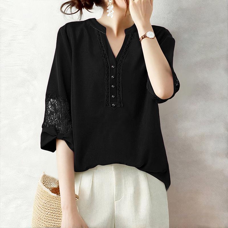 ZANZEA Women Lace Splice 3/4 Sleeve Casual V-Neck Blouse