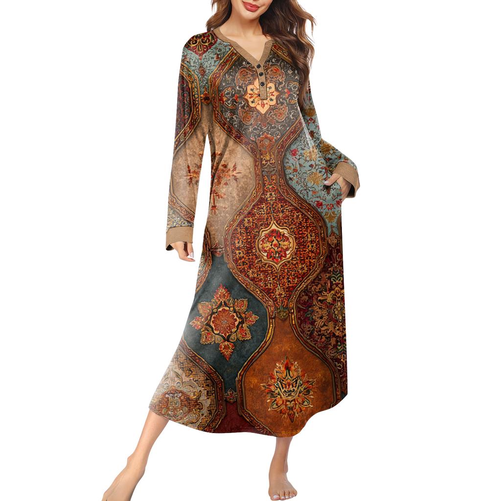 Damska koszula nocna długa odzież wypoczynkowa dekolt V sukienka nocna z kieszeniami