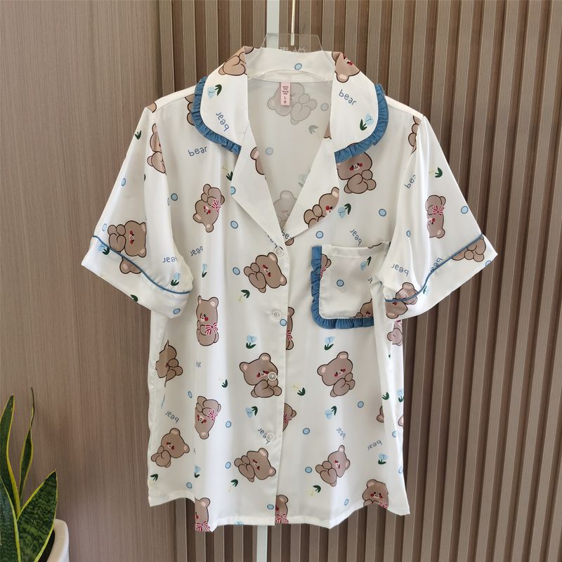 Japanese Style Bear Print Silk Touch Pajamas Women's Summer Cartoon Short Sleeve Shorts Thin Student Cool Home Wear
