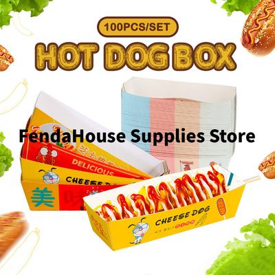 100pcs No-Fold Hot Dog Packaging Box Paper Disposable Party Tableware Food Serving Tray For Caterers Catering Boxes