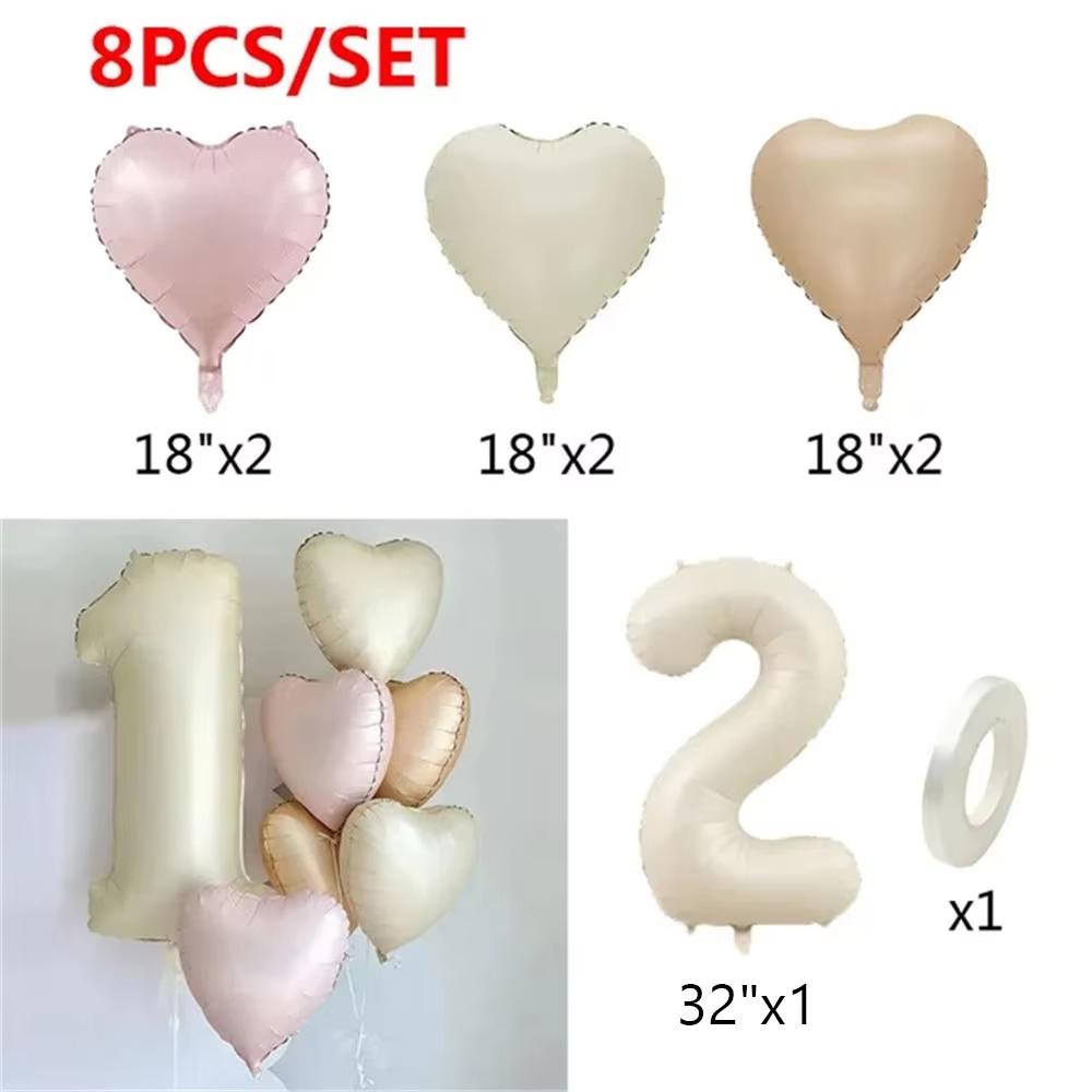 8pcs Cream Color Number Heart Foil Balloons Happy Birthday Party Decorations Kids Girl Boy 1 2 3 4 5 6 7 8 9 Year Old Supplies