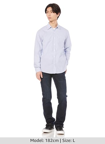 Amazon Essentials Men's Slim Fit Long Sleeve Poplin Shirt, Blue and White, Vertical Stripes, Size M