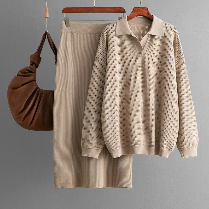 

European and American Sexy Hollow Knitted Long sleeve Top Skirt sets Knitted Top and Skirt Set Khaki One size