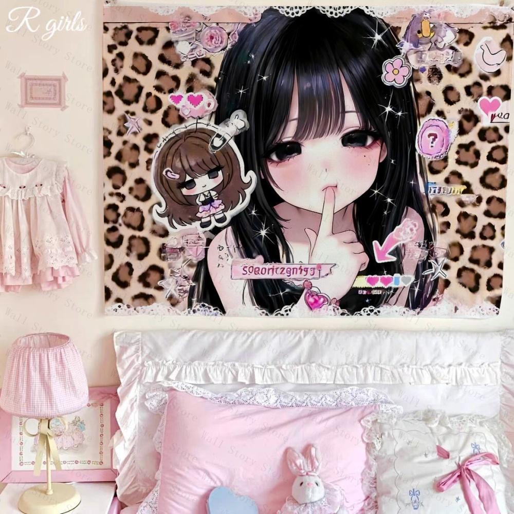 Y2K Aesthetic Anime Girl Tapestry Leopard Print Cute Kawaii Wall Hanging for Bedroom Tapestry Dorm Decor Bedside Tapestry