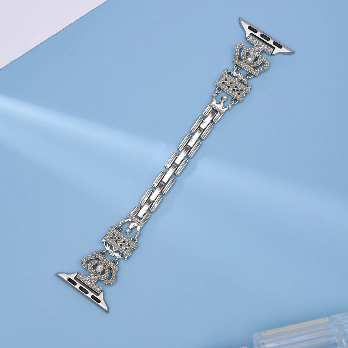 

metal strap for apple watch 3 2 1 4 5 6 se crown pearl band for iwatch ultra 1 2 s-10 9 8 7 smartwatch bracelet accessories for s-10 42mm