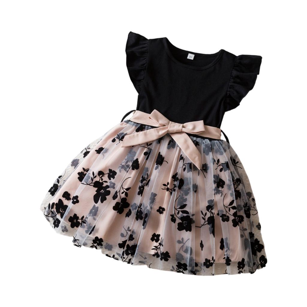 Girls Spring And Summer Dress Flying Sleeve Black Top Splicing Mesh Floral Skirt