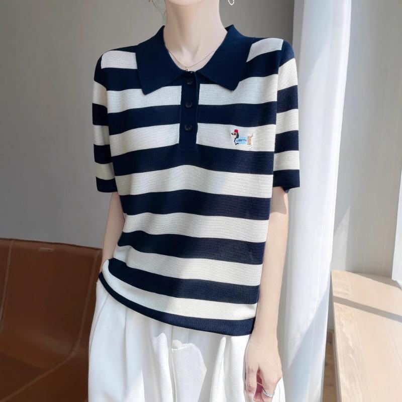 Embroidered Wide Striped Lapel Knitted Short-sleeved Base Shirt A New Summer Top