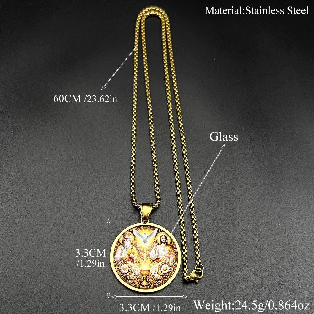 Holy Trinity Father Son Spirit Medal Flower Glass Pendant Necklace for Women Men Stainless Steel Christian Amulet Chain Jewelry