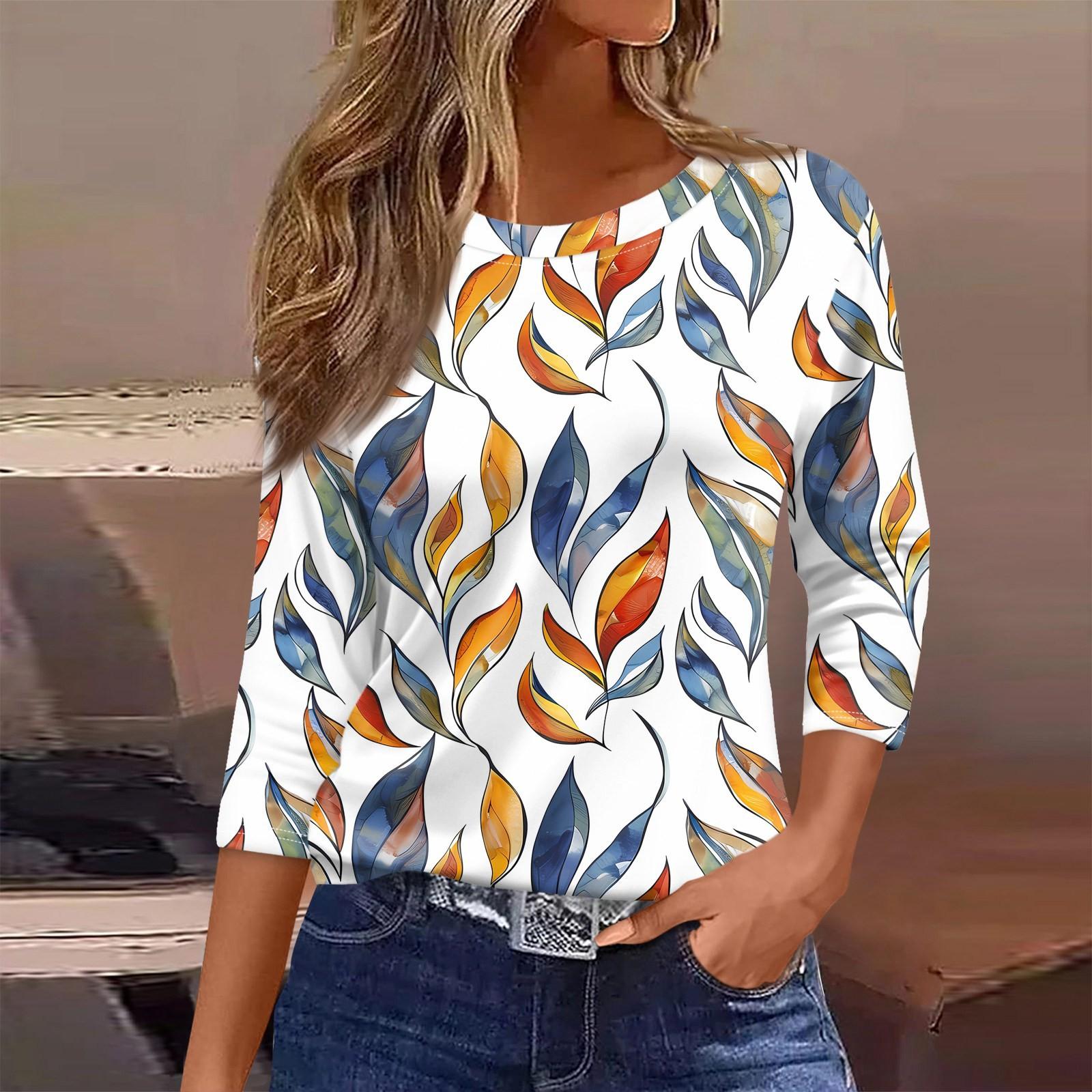 Женская футболка с принтом, рукав 3/4, повседневная, модная, на выходные, базовая, с круглым вырезом, стандартный топ L оранжевый