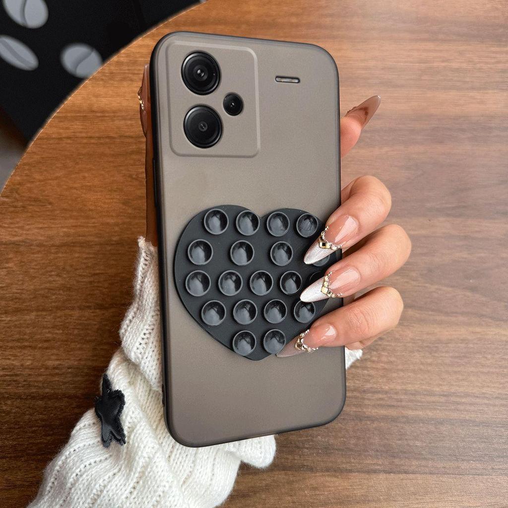 Heart Shape Suction Cup Phone Case for Xiaomi Redmi Note 13 Pro+ 5G Semi Transparent Matte Shockproof Soft TPU Cover