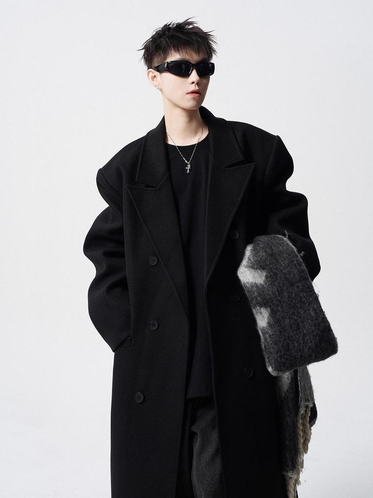 Men's Black Wool Trench Coat - Korean Style, Mid-Length, Over-the-Knee for 2025 Spring/Autumn