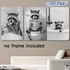 Ensemble de 3 pièces de peinture décorative sur toile sans cadre avec motif de mignon raton laveur pour le brossage des dents, suspension murale décorative moderne minimaliste pour salle de bain, noir et blanc