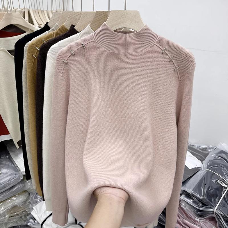 Autumn and Winter Half-high Collar Ribbed Knitted Shirt for Women with An Inner Layer Design Versatile Sweater Shirt