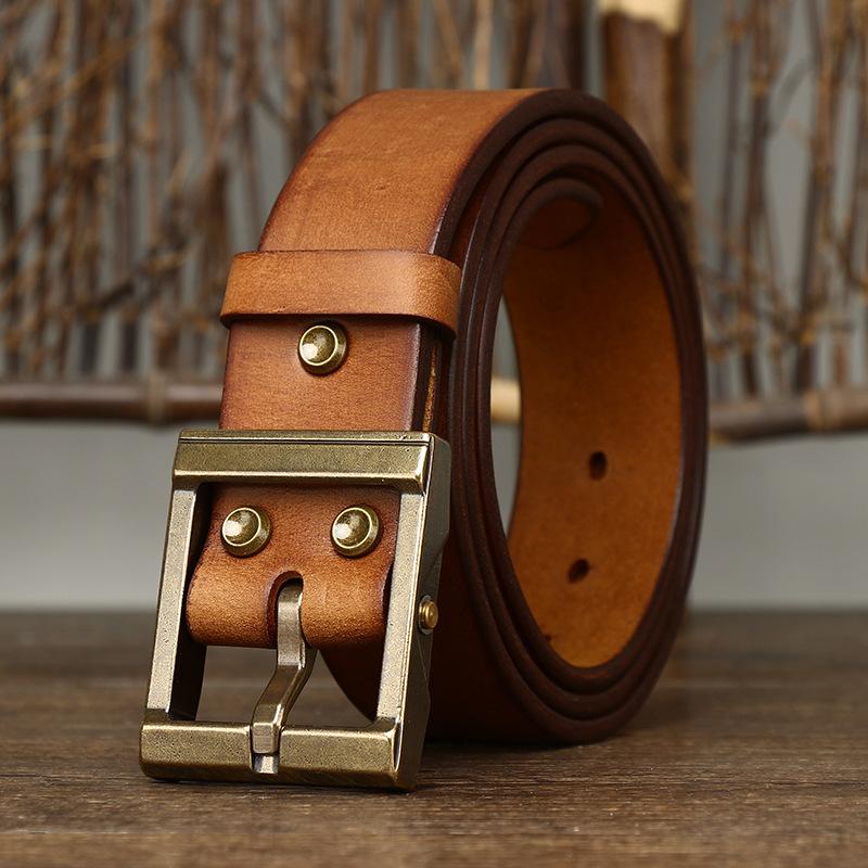 Men's Leather Belt Thickening Bolding Vegetable Tanned Full-Grain Leather Cowhide Brass Buckle Retro Genuine Leather Fashion
