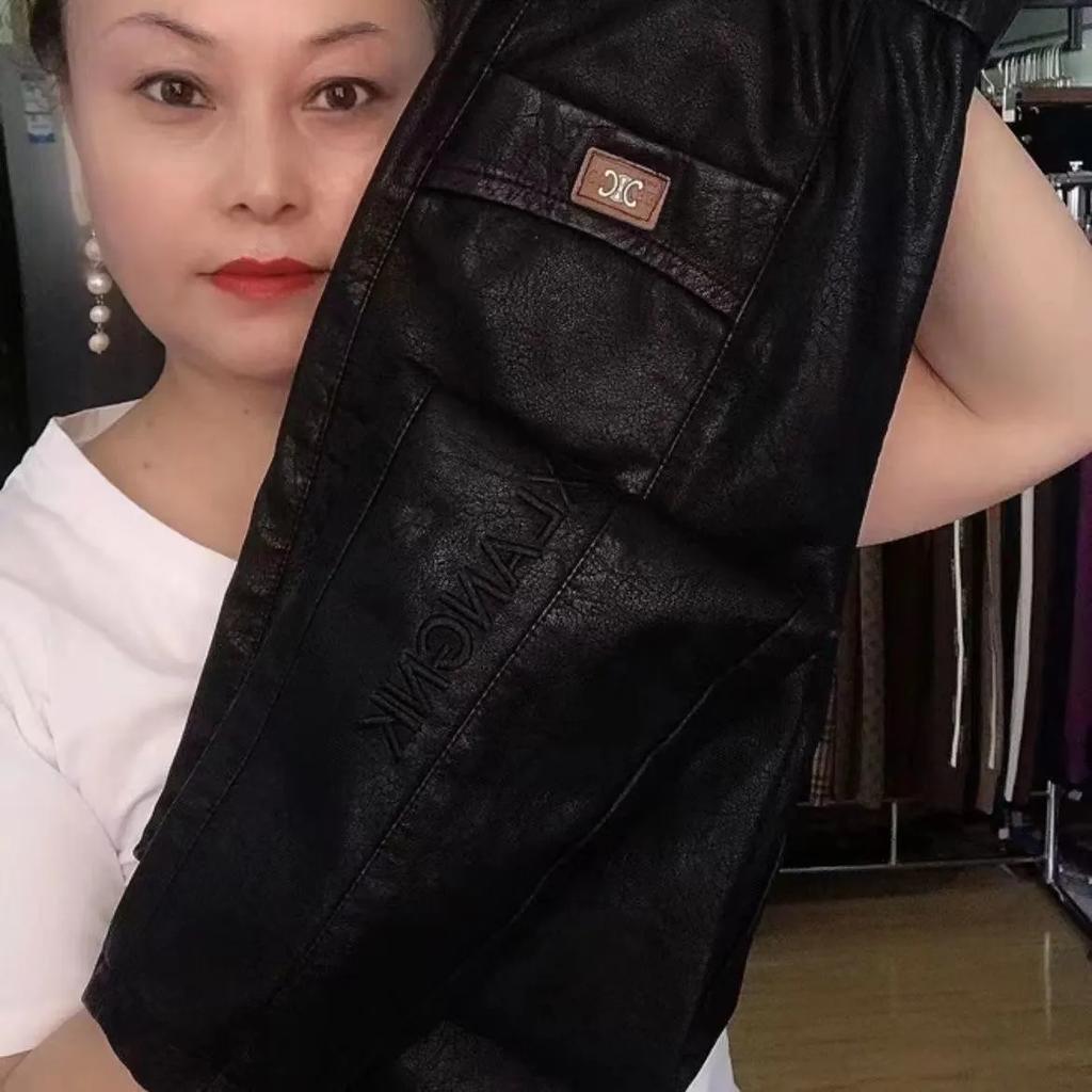 Men's Plus Size Straight-Leg Waterproof PU Pants Mid-Aged & Elderly High-Waisted Loose-Fit Fleece-Lined Thickened Long Pants