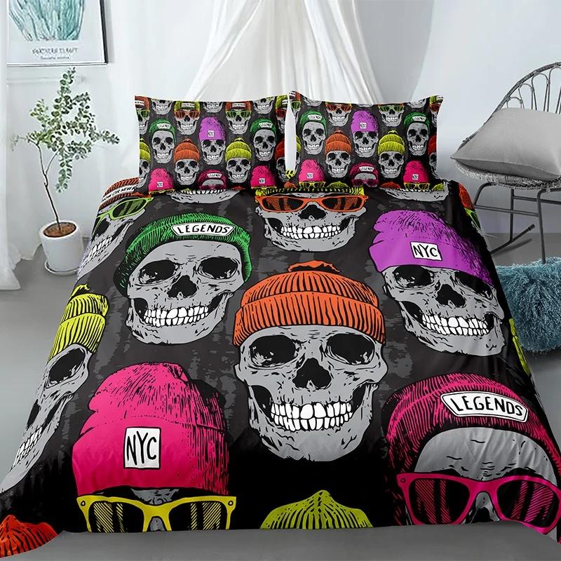 Skull Duvet Cover King Halloween Comforter CoverGothic Fog Smoke Skull Skeleton Bedding SetGrey Quilt Cover Room Decor 2/3pcs