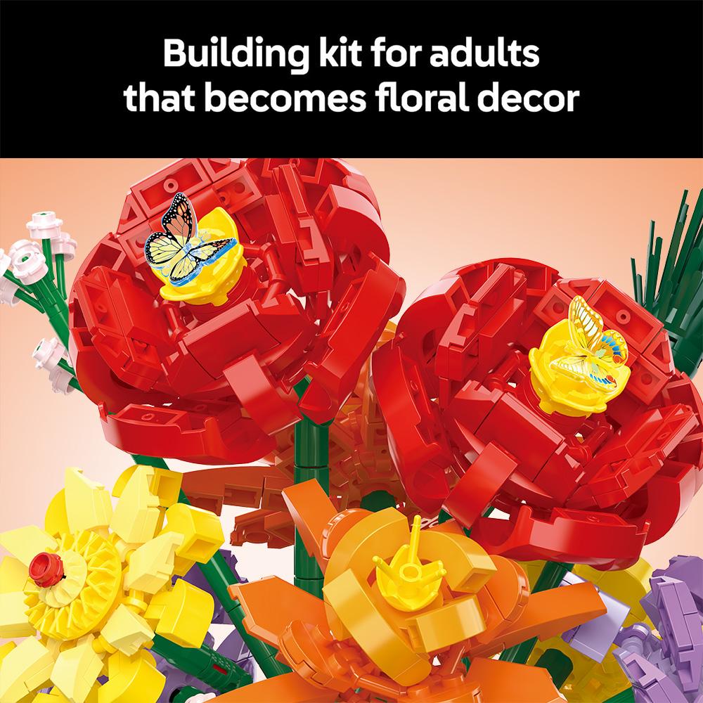 Non-Toxic Idea Botanicals Flower Arrangement Diy Building Block Set - Faux Bouquet Set For Adults Decorations For Office Or Cubicle