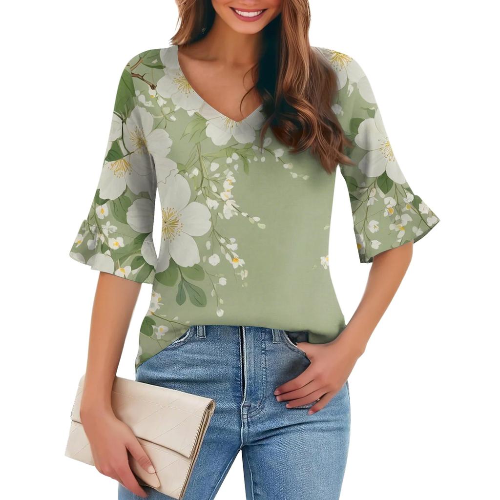 Damen Casual Fashion V-Ausschnitt Pullover Lose Pendeln Floral Fünf-Punkt-Ärmel T-Shirt Top
