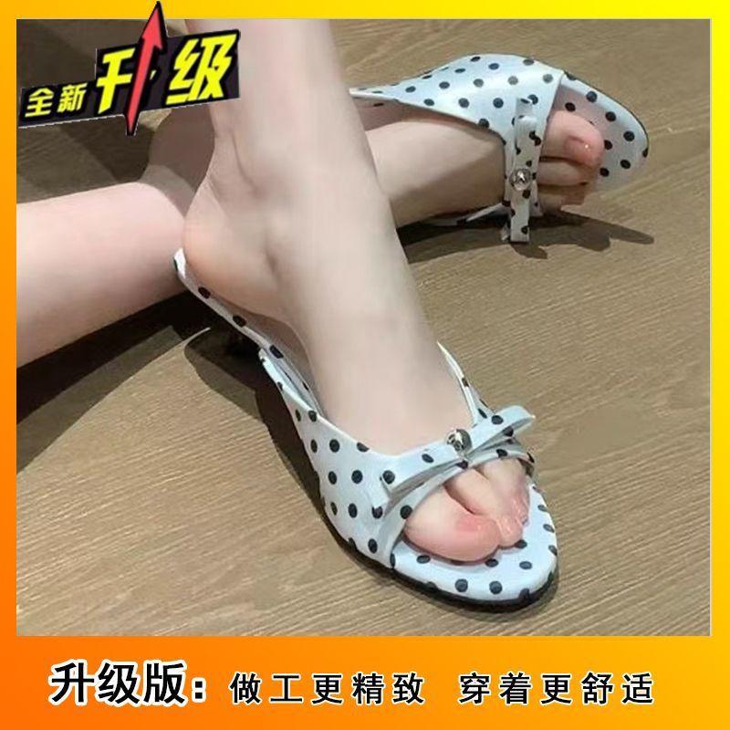 Summer new bow, thin heel, one-word drag, niche design, polka dot, open-toed cool slippers