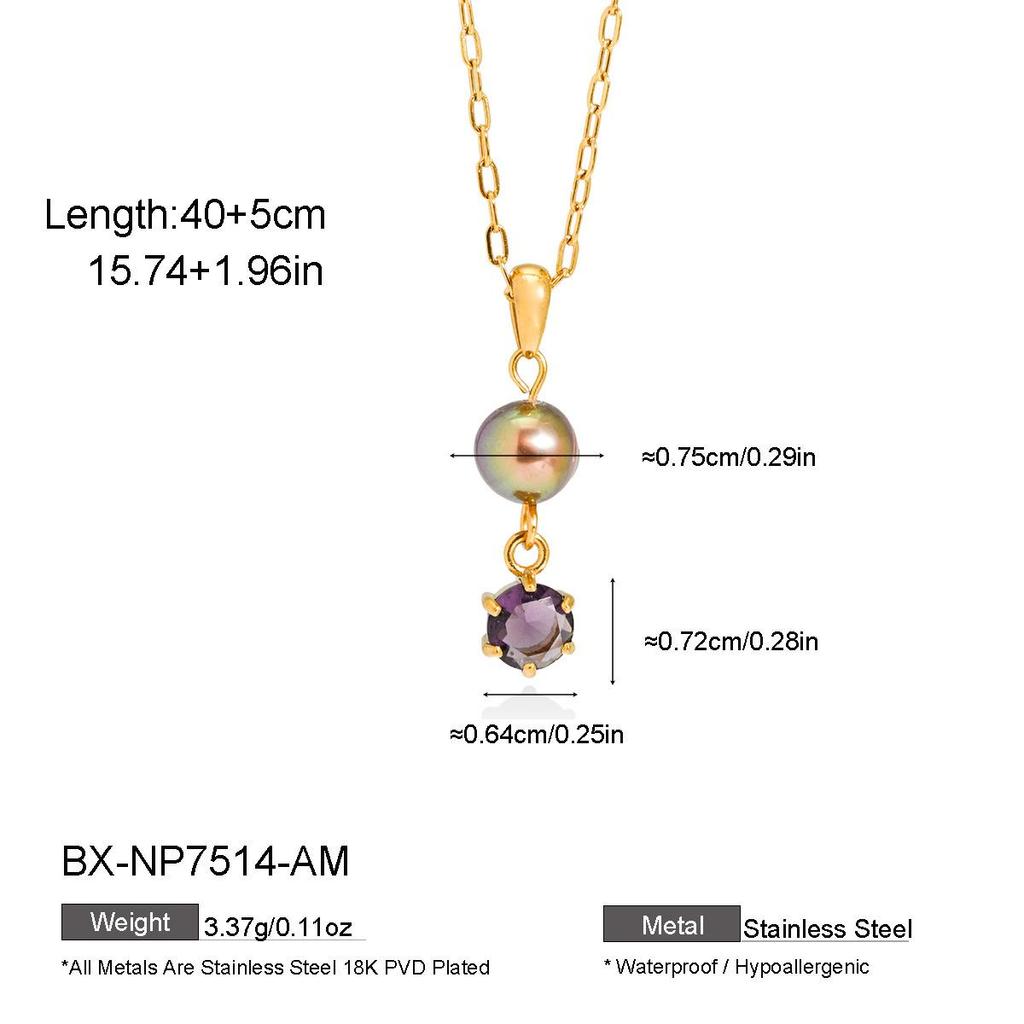 INS Style Luxury Hexagonal Gem Pearl Necklace with Titanium Steel Chain, European & American Fashion, 18K Gold Plated.