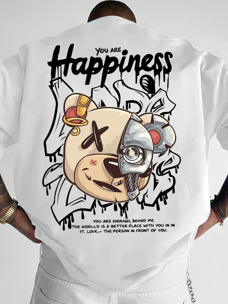 Modny męski nowy letni T-shirt z nadrukiem maszyny, misia i litery, wygodny i oddychający, z okrągłym dekoltem, do noszenia na zewnątrz, w mieście, na ulicy