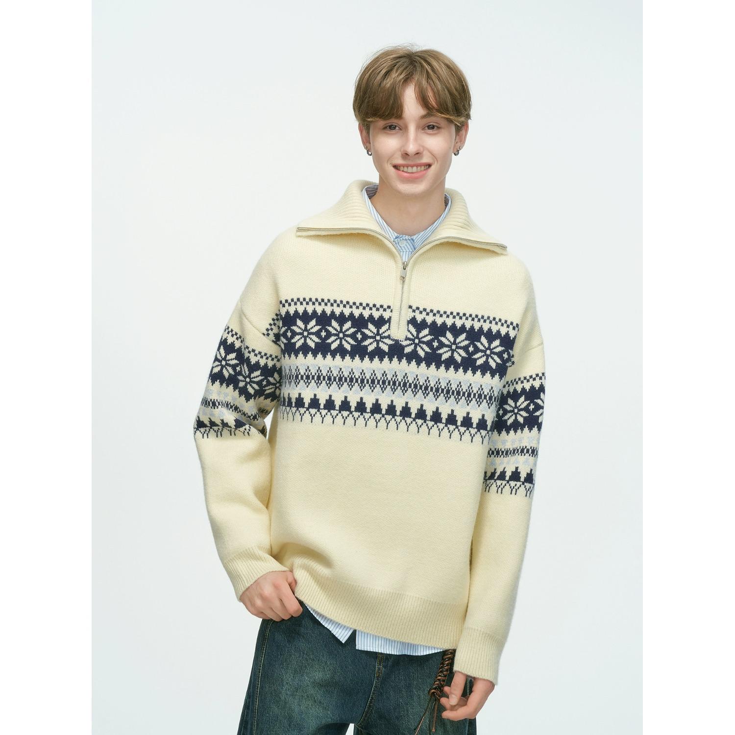 Men s Red Fair Isle High Neck Half Zip Christmas Sweater - Loose Fit, Versatile for Couples Medium