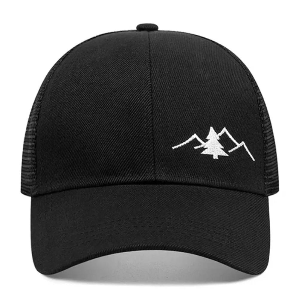 Mountain Embroidery Mesh Cap Adjustable Fit Sun Shading Hat Breathable Hat  Unisex Wear