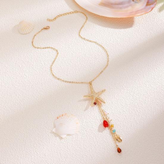 Bohemian Sea Star Shell Jewelry Set Beach-Inspired Necklace Earrings with Rhinestone Tassels Elegant Gift for Women Summer Beach Jewelry