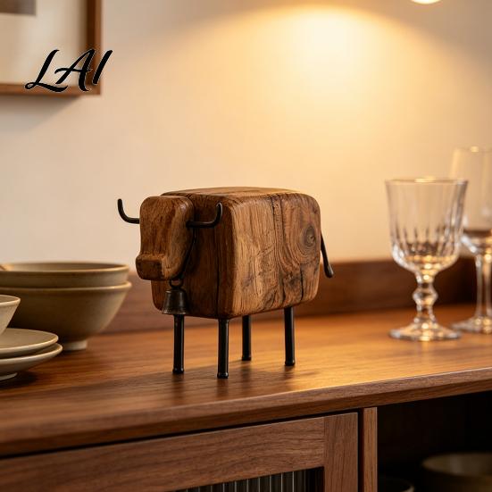 Cute Sheep Statue for Entryway Rustic Figurine with Bell Faux Wood Resin Farmhouse Lamb Statue Stable Sculpture Table Vintage Country Style Desktop