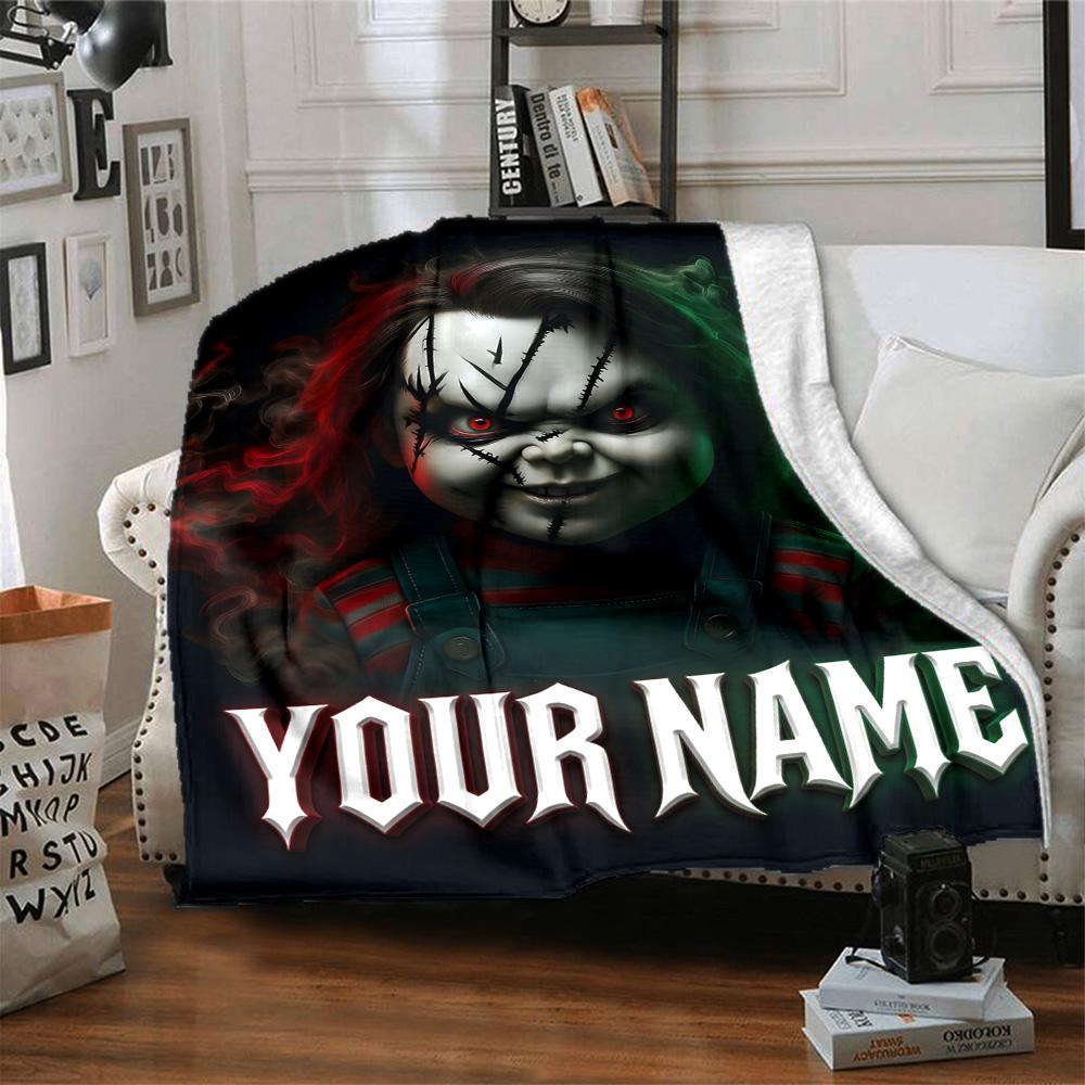 1pc Chucky Blanket with Custom Name, Gift, for Men and Women, Soft Blanket, Good for Sofa Bed Couch Travel, Lightweight Flannel Blanket
