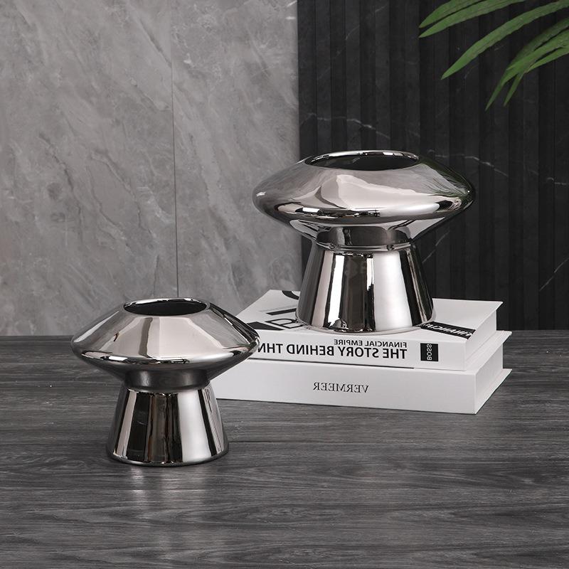 Silver Mushroom Ceramic Vase Geometric High-legged Flower Pot Flower Vase Terrarium Flowerpot Home Decoration Accessories