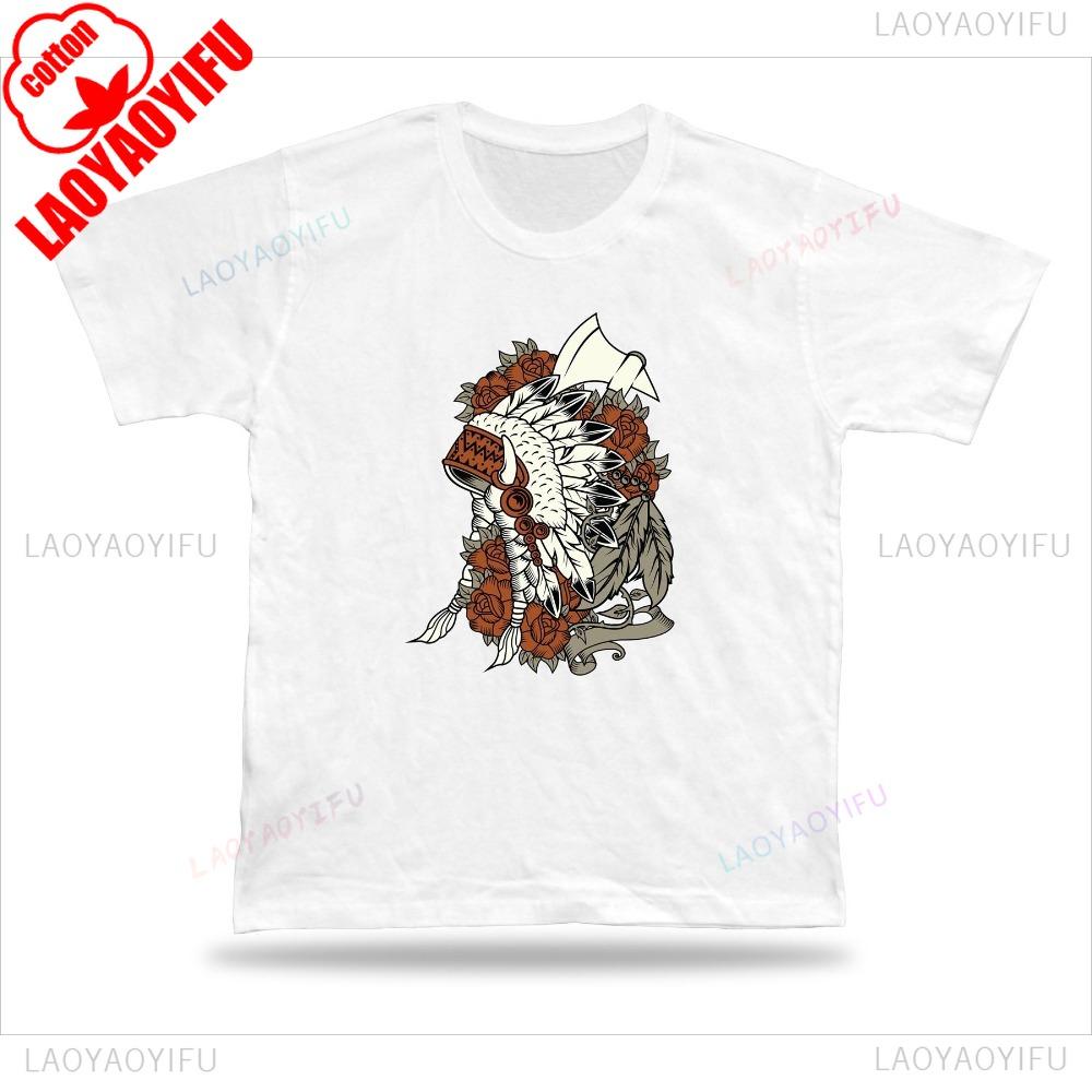 Indian Feathers Floral Axe T Shirt Modern Cool Design Unisex Tee Indigenous Culture Tshirt Men Crewneck Cotton Short Sleeve