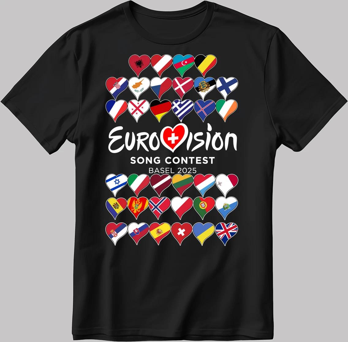 All Flag Eurovision Song Contest BASEL 2025 White-Black Men / Women T Shirt EU25 3XL