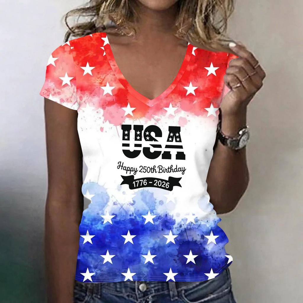 Women V Neck Short Sleeve Lightweight Top USA Patriotic Print Independence Day Casual Tee Shirt