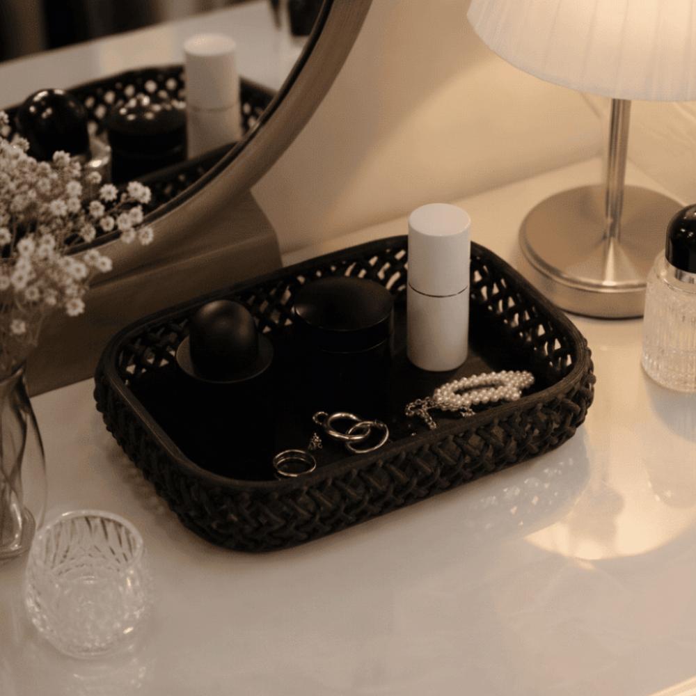 Imitation Rattan Desk Storage Tray Hollow Out Organizer Woven Storage Tray Simple Sundries Storage Dish Dressing Table