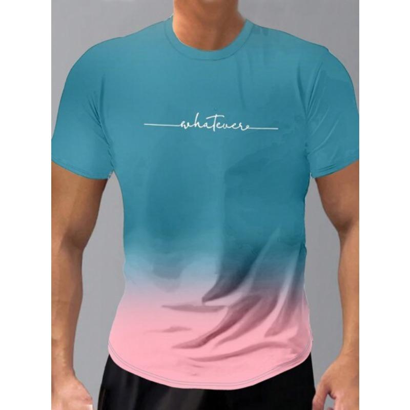 Summer Round Neck 3D Gradient Letters Print Top Fashionable Casual Short Sleeved Men's T-shirts