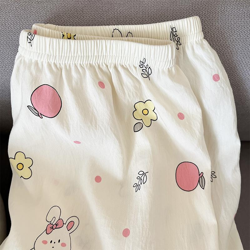 French Aesthetic Rabbit Flower Dot Print  Pajamas Long Sleeve Top & Elastic Waist Pants Pajamas Nightwear