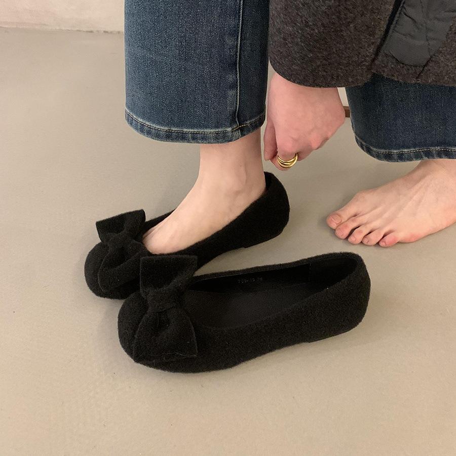 Flat Woolen Gray Single Shoes Women's Shoes Spring and Autumn Bow Commuter Fairy Ladyshoes