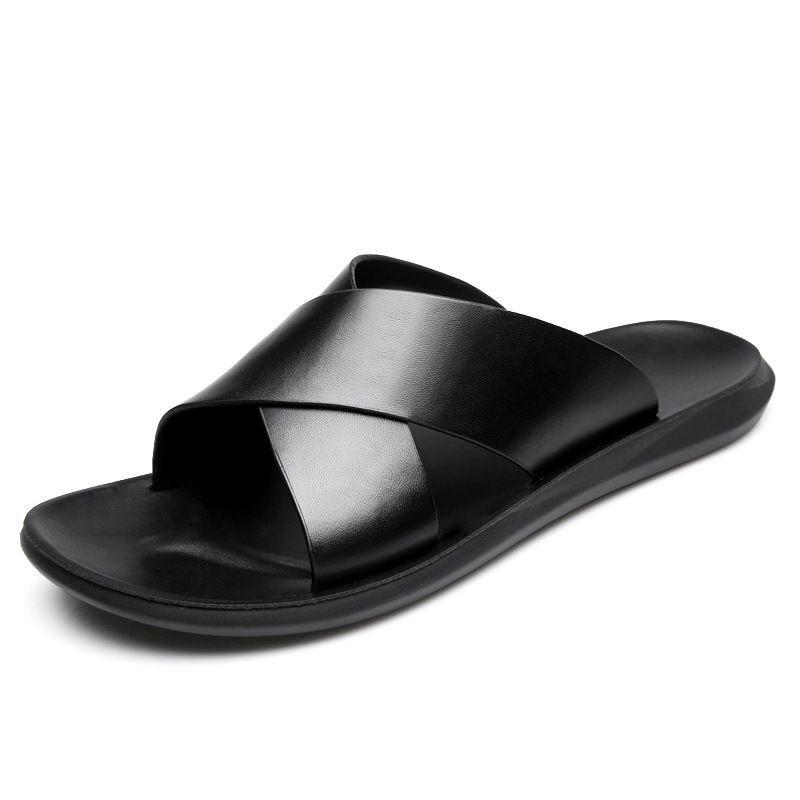 Men Black Leather Slippers Simple Flats Summer Brown Outdoor Roman Sandals Outdoor Beach Shoes for Father Over Sized