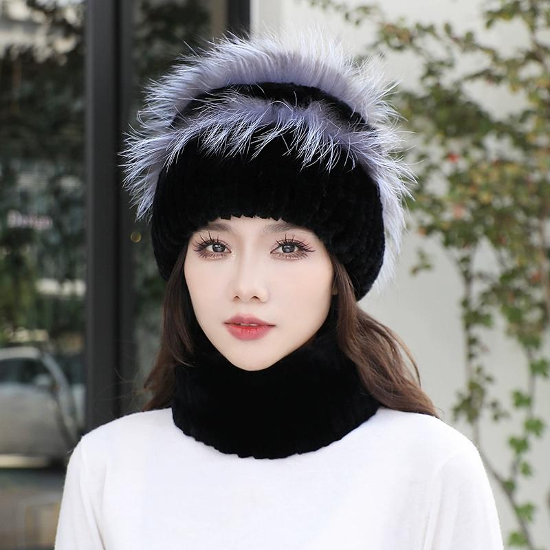 Fur Rex Rabbit Hair Hat Women's Winter Neck Cover Two-piece Warm Korean Version Fashion Beautiful Mom Snow Hat Travel