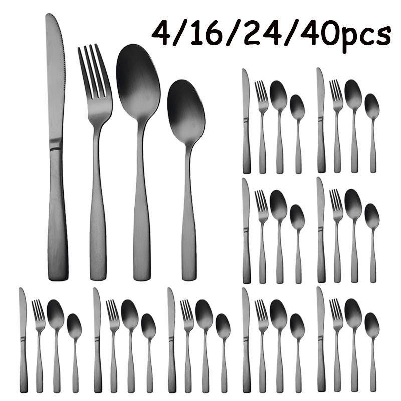 4/16/24/40pcs stainless steel cutlery set, large handle knife and fork spoon, suitable for dining room kitchen.