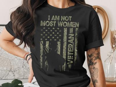 Female Veteran T-Shirt Camo Lettering, American Flag, Strong Women Tee
