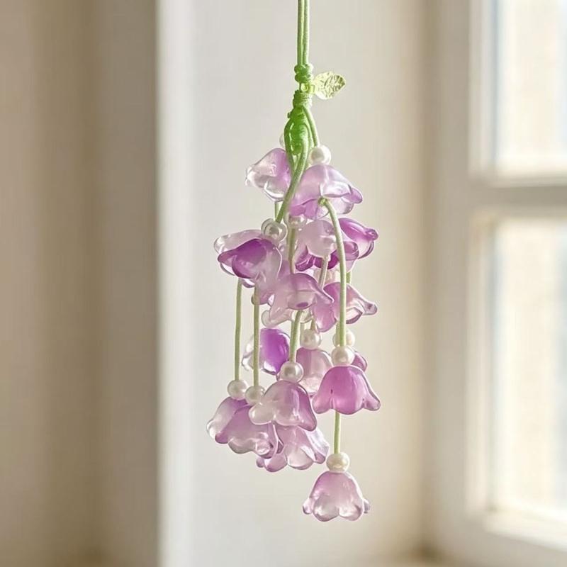 Floral Charm Strap Keychain for Bags and Phones, Valley Flower Hanging Style with Translucent Flower Drops and Bead Details