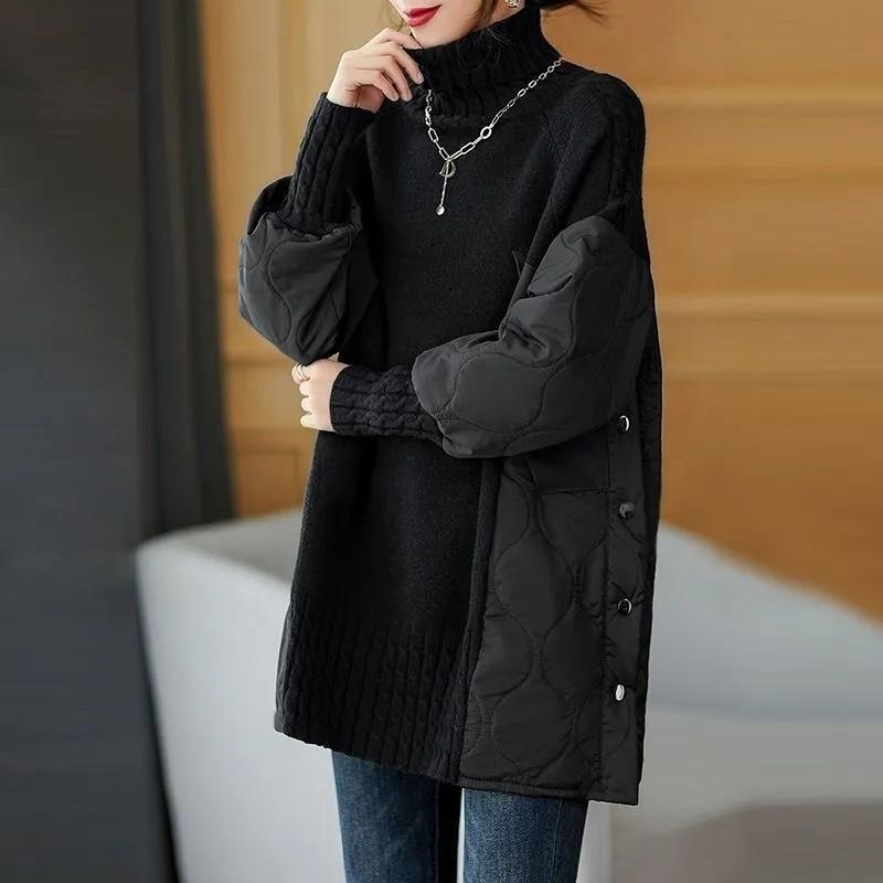 Women's Winter Parka Coat Fashion Versatile Lady Splicing Knitted Outerwear Temperament Casual Ladies Sweater Jacket