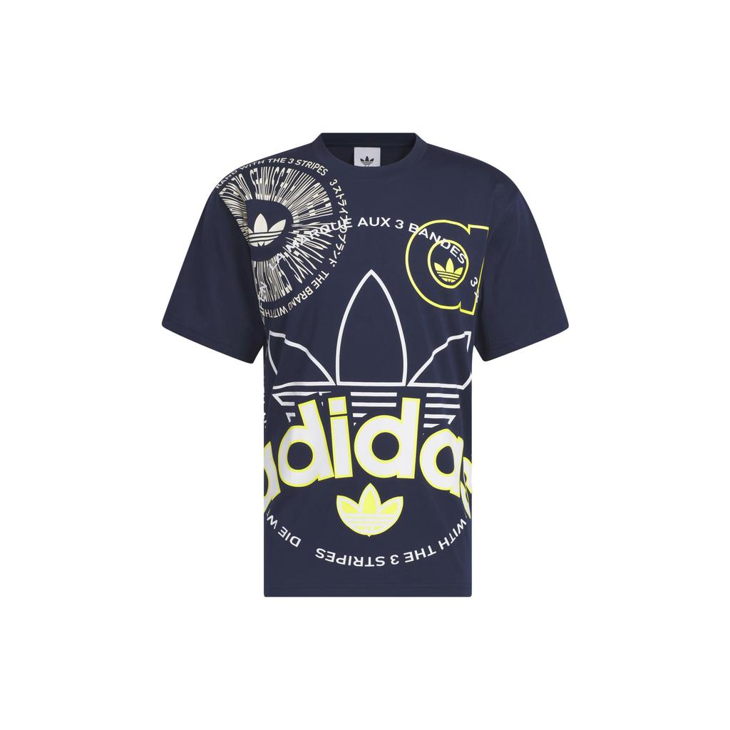 Adidas Koszulka z wieloma logo Originals z nadrukiem literowym, z okrągłym dekoltem i krótkim rękawem, męska, topy, nocny niebieski IJ5232